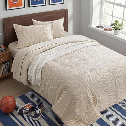 Zzlpp Twin Comforter Set 5 Pieces, Beige Seersucker Bed in a Bag with Comforter and Sheets, All Season Bedding Sets with 1 Comforter, 1 Pillow Sham, 1 Pillowcase, 1 Flat Sheet, 1 Fitted Sheet