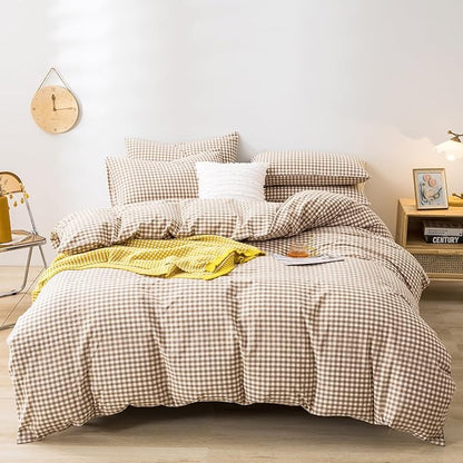 mixinni Tan Gingham Comforter Set Twin XL, Plaid Comforter Set 3 Pieces 1 Beige Grid Comfoter with 2 Pillow Cases for All Seasons, Soft Fluffy Modern Grid Pattern Printed Bedding-Twin XL Size
