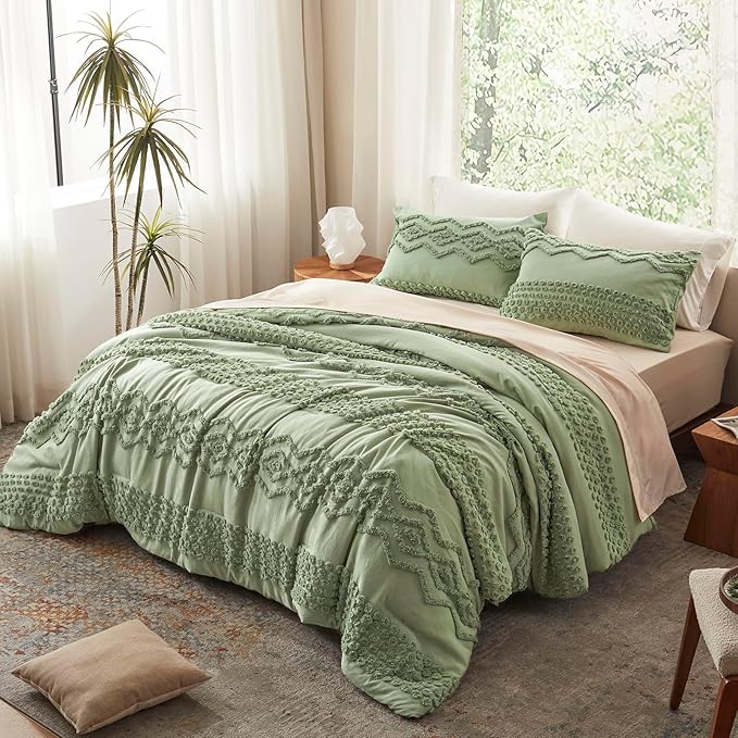 Luxudecor Sage Green Tufted Comforter Set Queen Size 3 Pieces Boho Shabby Chic Comforter Farmhouse Embroidery Bedding Set Soft Comforter for All Seasons (Sage Green, 90''x90'')