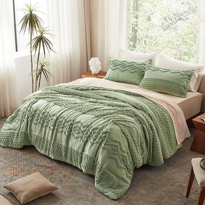 Luxudecor Sage Green Tufted Comforter Set King Size 3 Pieces Boho Shabby Chic Comforter Farmhouse Embroidery Bedding Set Soft Comforter for All Seasons (Sage Green, 104''x90'')