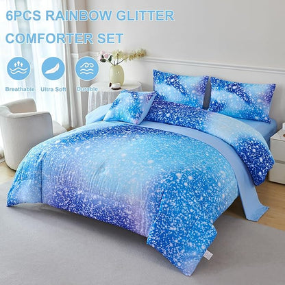PERFEMET Full Size Comforter Sets for Girls - 6 Pieces Kids Bed in A Bag, Colorful Rainbow Fluffy Bedding Comforter Sheet Set, Tie Dye Glitter Girl Bedroom Bed Set (Blue, Full)