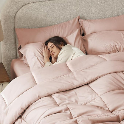 SunStyle Home Pink Full Size Comforter Sets - 7 Pieces Bed in a Bag, Lightweight Goose Down Alternative Bedding Sets with All Season Comforter, 1 Flat Sheet, 1 Fitted Sheet, 4 Pillowcases