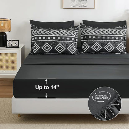 Yiran King Size Comforter Set, 7 Pieces Boho Bed in a Bag, Black Bedding Set for All Seasons, Lightweight Comforter Bed Set with Sheets, Pillowcases & Shams