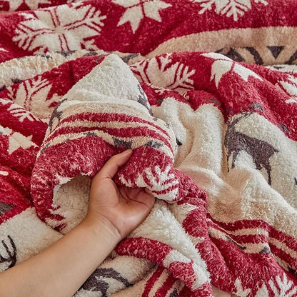 Christmas Sherpa Comforter Set King Size 3 Pieces Red Stripes Cream Snowflake Deer Holiday Winter Bedding Microfiber Warm Fleece Comforter with 2 Pillow Shams - Thanksgiving New Year Gift Choice