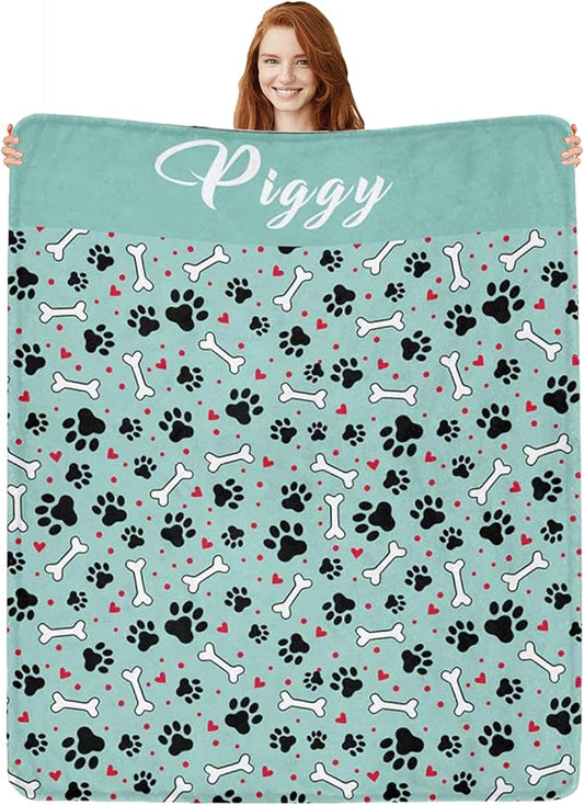 Personalized Paw Print Dog Blanket With Pets Name, Custom Pet Name Blanket for Small Medium Large Dogs, Customized Puppy Blanket, Dog Memorial Throw Blanket Gift for Dog Lovers Mom Dad