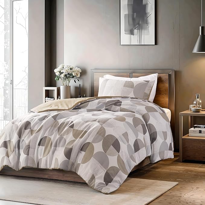 Stylish Three-Tone Printed Twin Size Comforter Set, 2 Pieces Ultra-Soft Microfiber Bedding Set, Warm and Cozy Comforter for All Seasons, Beige Grey