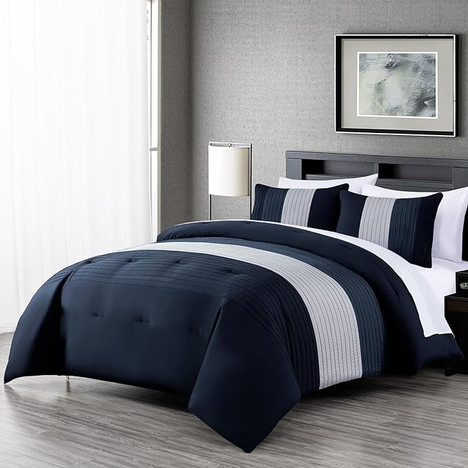 Chezmoi Collection Briar 7-Piece King Bed in a Bag - All Season Lightweight Microfiber Comforter Set - Includes Sheets & Shams - Navy/Blue/Gray Pleated Stripe Design