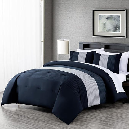 Chezmoi Collection Briar 7-Piece King Bed in a Bag - All Season Lightweight Microfiber Comforter Set - Includes Sheets & Shams - Navy/Blue/Gray Pleated Stripe Design
