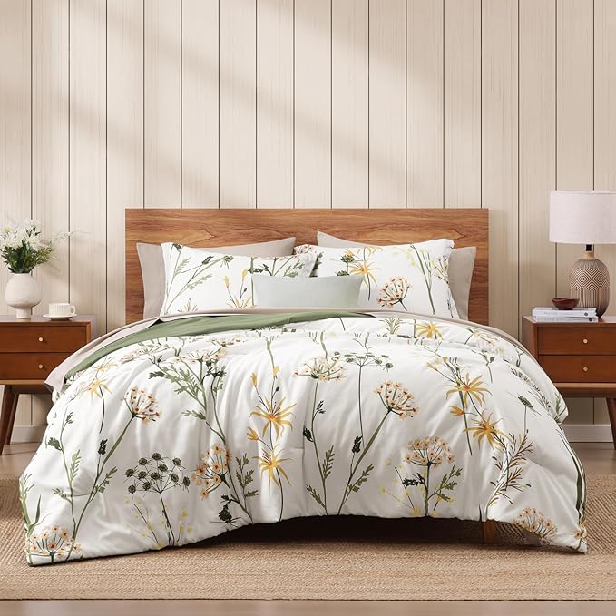 WRENSONGE King Size Comforter Set-7 Pieces Botanical Dandelion Bed in a Bag with Flowers Pattern, Soft Floral Complete Bedding Set with Sheets for All Season