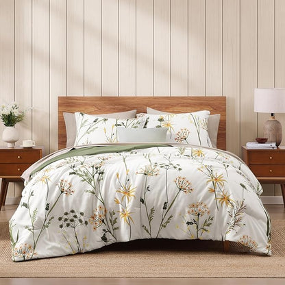WRENSONGE King Size Comforter Set-7 Pieces Botanical Dandelion Bed in a Bag with Flowers Pattern, Soft Floral Complete Bedding Set with Sheets for All Season