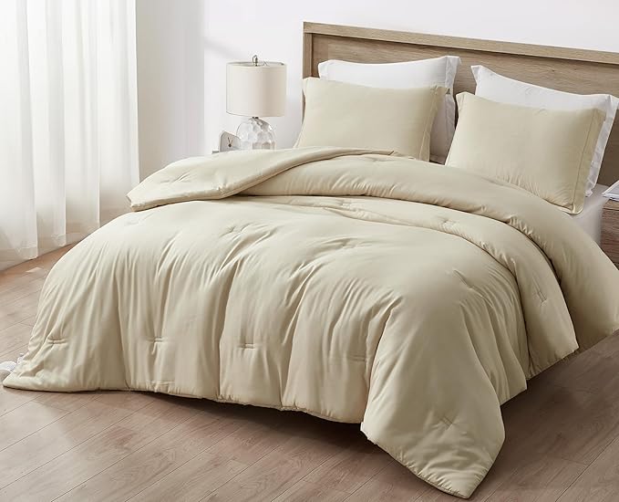 Chezmoi Collection Cliff 3-Piece Lightweight Cooling Comforter Set, Oversized King - Rayon Derived from Bamboo & Polyester Blended, Soft Breathable Bedding for Hot Sleepers, Sand