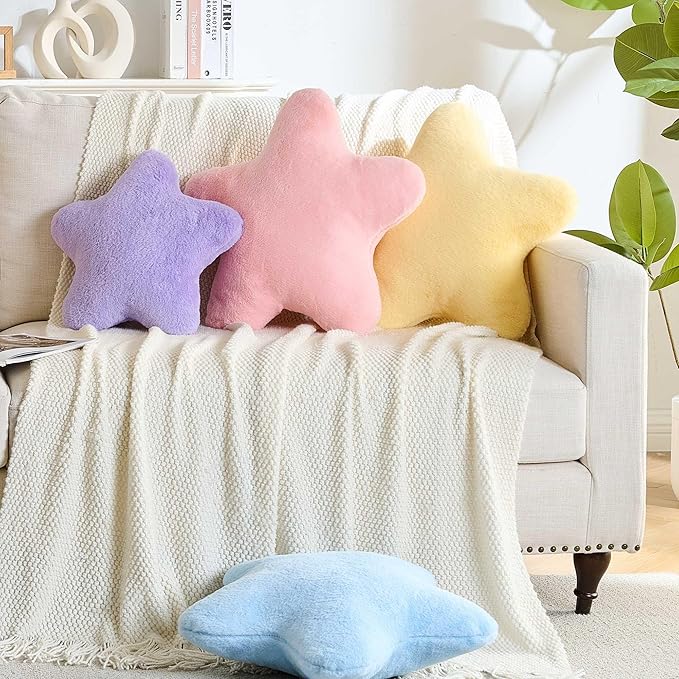 Star Pillow 19.6" White Star Shaped Decorative Throw Pillow for Couch Bed Aesthetic Plush Floor Seating Cushions with Soft Faux Rabbit Fur for Sofa Bedroom Living Room