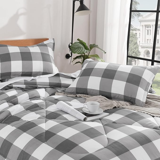 Andency Plaid Comforter Twin XL(68x92Inch), Gray White Checkered Gingham Buffalo Grid Bed Set for Students Boys Kids Teens, 2 Pieces Lightweight Microfiber Geometric Dorm Bedding