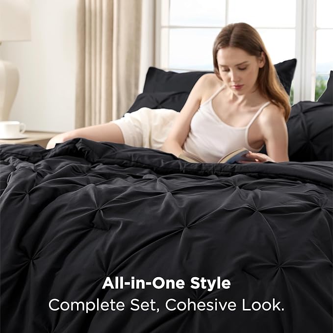 Bedsure Queen Comforter Set Black - Bed in a Bag Queen Size Bedding 7 Pieces, GentleSoft™ Pintuck Bed Set Gift for Family, Pinch Pleat All Season Comforter with Sheets, Pillowcases & Shams
