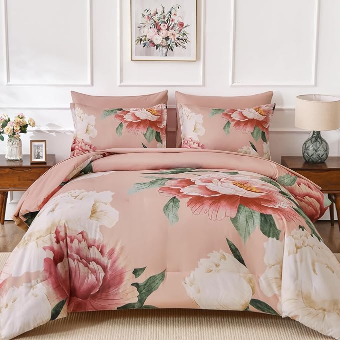 Dobuyly Coral Comforter Set Queen 7 Piece Bed in a Bag for Girls Women, Coral Pink Floral Bedding Set, Soft Microfiber Bed Set with Comforter, Sheets, Pillowcases & Shams