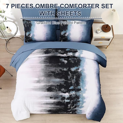 Dinjoy Ombre Blue Comforter Set Cal King Size Gradient Navy Blue Black Boho Bedding Set