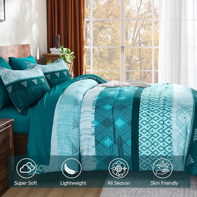 Xruibed Teal King Comforter Set 7 Pieces, Boho Striped Bed in a Bag King Size Soft Microfiber All Season Bedding Set with Comforter, Sheets, Pillowcases & Shams(104"×90")