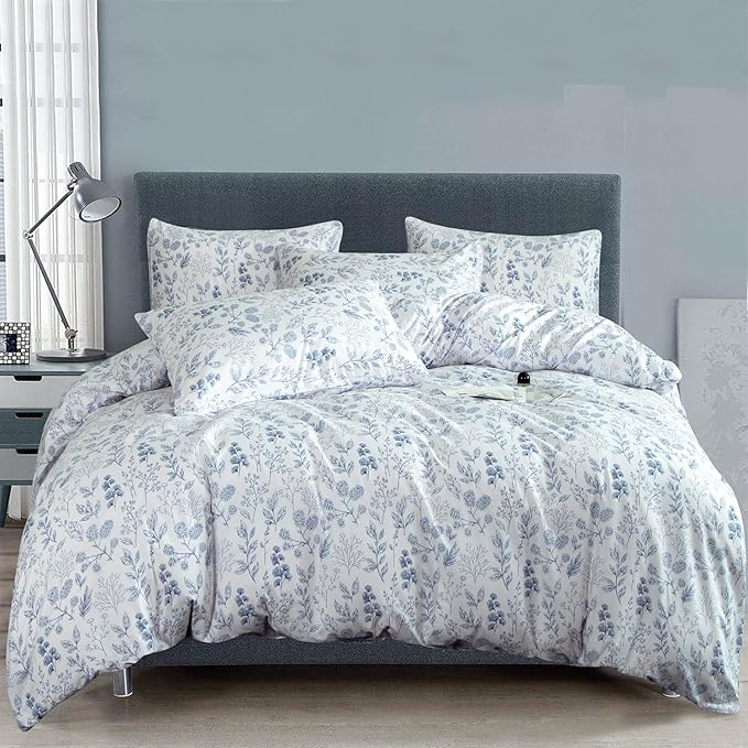 Twin Floral Comforter Set 2 Pieces Soft Blue Flower Print Botanical Garden Style Comforter and Pillowcases
