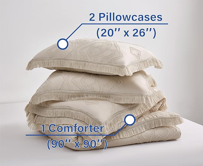 Boho Queen Comforter Set Beige 3 Pieces Tufted Tassel Comforter Set Queen Size Lightweight Queen Size Comforter Sets Farmhouse Shabby Chic Fluffy Beige Comforter Queen Bed Set Gift Choice
