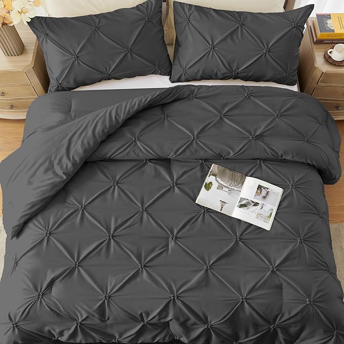 UNIKOME King Comforter Set Dark Gray - Ultra Soft Boho Pintuck Down Alternative Bedding Set for All Seasons, 3 Pieces Lightweight Warm Pinch Pleat Bed Set with Comforter, 2 Pillowcases