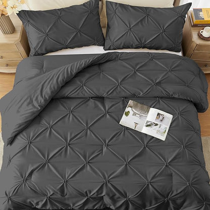 UNIKOME King Comforter Set Dark Gray - Ultra Soft Boho Pintuck Down Alternative Bedding Set for All Seasons, 3 Pieces Lightweight Warm Pinch Pleat Bed Set with Comforter, 2 Pillowcases