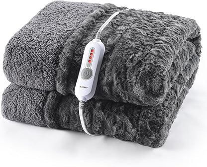 WOOMER Heated Blanket Throw 50" x 60", Electric Blanket with a Control, 4 Heating Levels & 4H Auto Off, ETL Certified, Dark Grey Roses Patterns Faux Fur & Sherpa, Machine Washable