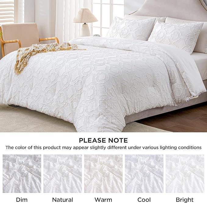 Andency White Boho Tufted Comforter Set Full(79x90Inch), 3 Pieces Floral Textured Farmhouse Bed, Soft Microfiber Down Alternative Geometric Bedding Set with 2 Pillowcases