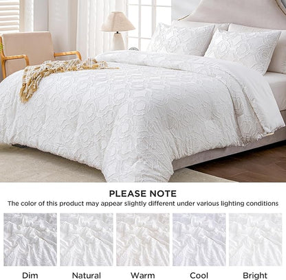 Andency White Boho Tufted Comforter Set Full(79x90Inch), 3 Pieces Floral Textured Farmhouse Bed, Soft Microfiber Down Alternative Geometric Bedding Set with 2 Pillowcases