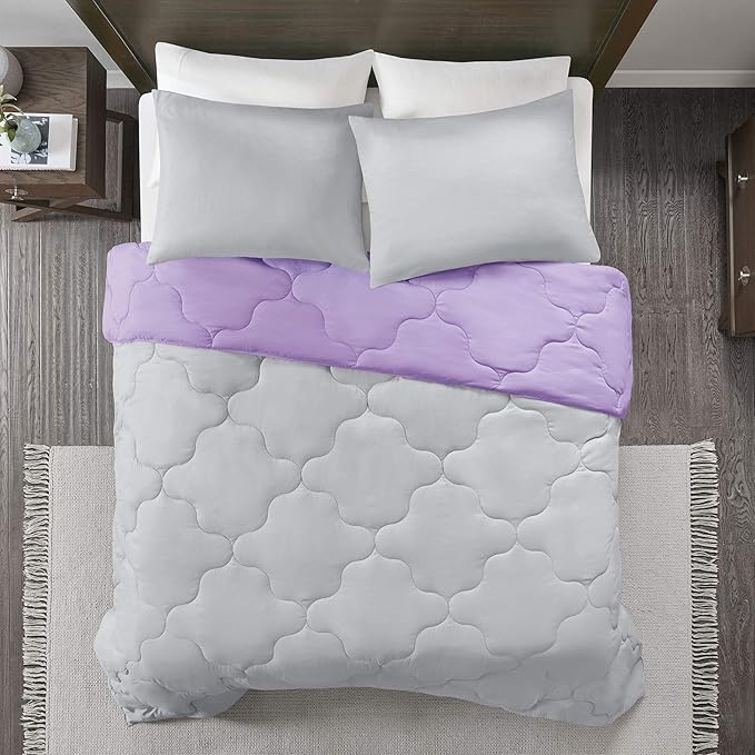 Comfort Spaces Vixie Reversible Comforter Set - Trendy Casual Geometric Quilted Cover, All Season Down Alternative Cozy Bedding, Matching Sham, Lavender/Gray, Full/Queen 3 piece
