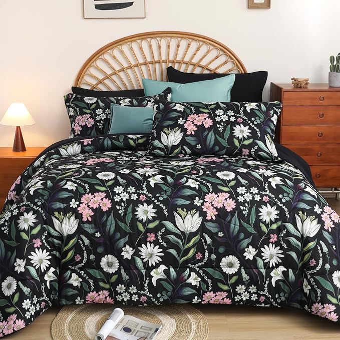 EVENHUG King Comforter Set 7 Pieces Lightweight Soft Queen Size Comforters for All Season Floral Bedding Sets Bed in a Bag with Flat Sheet and Fitted Sheet Pillowcases (104"x90")