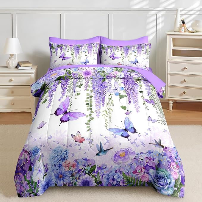Nesker 7 Pcs Spring Comforter Set King Size, Purple Floral Bedding Set for Kids and Adults, Butterfly Wisteria Hydrangea Bed Sheet Sets with Fitted Sheet 2 Pillowcases & 2 Shams