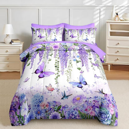 Nesker 7 Pcs Spring Comforter Set King Size, Purple Floral Bedding Set for Kids and Adults, Butterfly Wisteria Hydrangea Bed Sheet Sets with Fitted Sheet 2 Pillowcases & 2 Shams