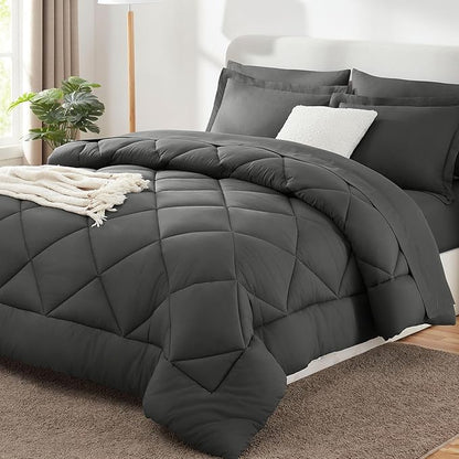 CozyLux Full Size Comforter Sets Dark Grey - 7 Pieces Bed in a Bag Full, Luxury Soft Bed Set for All Seasons, Bedding Set with Down Alternative Comforter, Sheets, Pillowcases & Shams