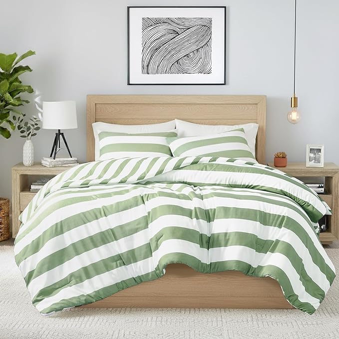 Reversible Striped Queen Comforter Set, Soft Microfiber Bedding Set with Double-sided Stripes Design, Warm & Cozy for All-Seasons, 3-Piece Comforter and Shams Set Queen Size, Sage Green