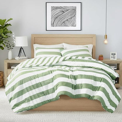 Reversible Striped Queen Comforter Set, Soft Microfiber Bedding Set with Double-sided Stripes Design, Warm & Cozy for All-Seasons, 3-Piece Comforter and Shams Set Queen Size, Sage Green