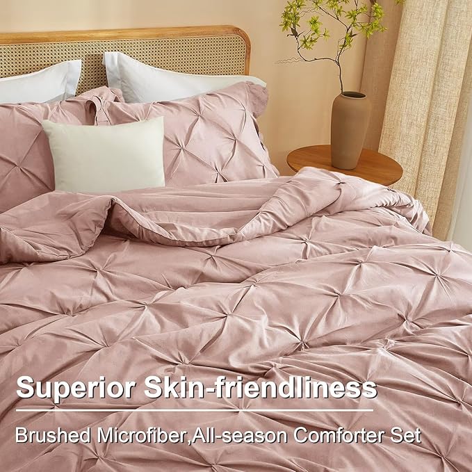 Pink Comforter Set Full Size 3 Pieces for All Season 1 Comforter and 2 Pillowcases Solid Pinch Pleated Ruffles Quilt Princess Shabby Chic Washed Soft Cozy Fluffy Full Bedding Sets for Bedroom