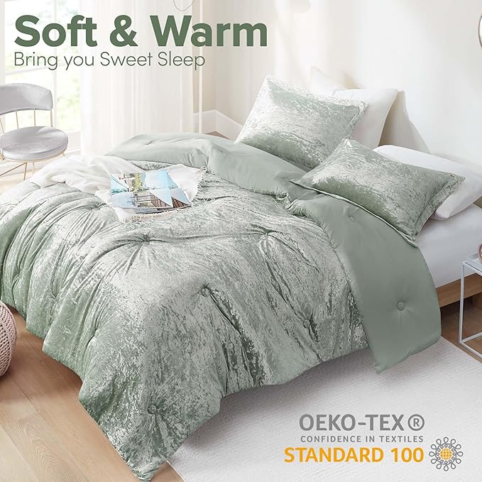 Comfort Spaces Luxe King Comforter Set - Velvet Microfiber Reverse, Juliette, All Season Bedding, Fluffy Sham, Sage Green 3 Piece