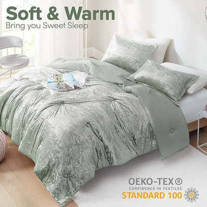 Comfort Spaces Luxe King Comforter Set - Velvet Microfiber Reverse, Juliette, All Season Bedding, Fluffy Sham, Sage Green 3 Piece