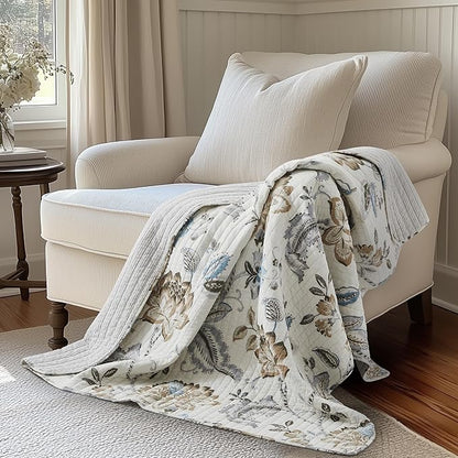 Levtex Home - Maileen Neutral Blue - Throw - Floral - Taupe Blue and Cream - Throw (50x60in.) - Cotton