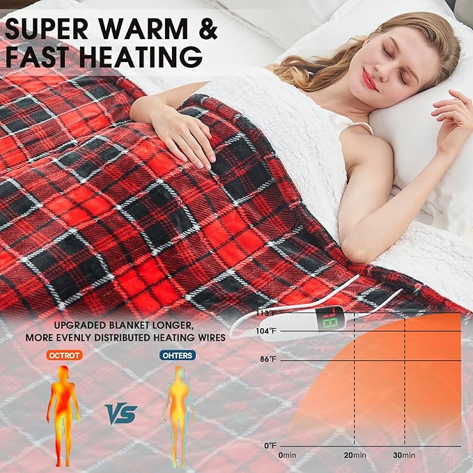 OCTROT Red Christmas Heated Blanket Electric Throw 50X60, Heating Throw Gift with 10 Heating Levels & 8 Hours Auto Off, Plaid Checkered Sherpa Blanket Warmer for Adults, Couch Bed Office Use