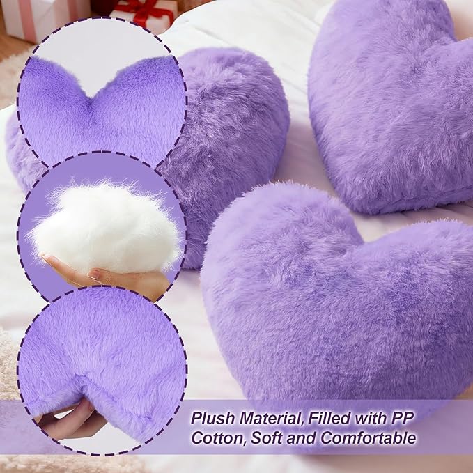 Nydotd Heart Pillows Cute Fuzzy Throw Pillow Purple Love Heart Shaped Decorate Pillows for Bed Livingroom Sofa Gifts Home Decor Cushion Small 11.8" x 10"