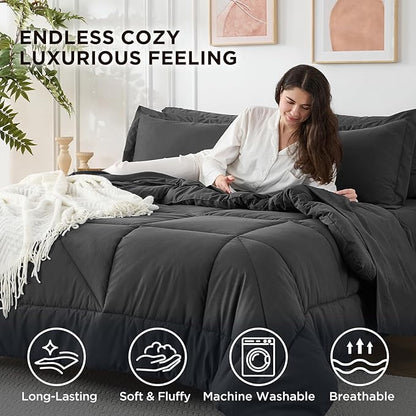 7 Pieces Queen Comforter Set - Utral Soft Microfiber Bedding Set, Thick Duvet Insert Bed in a Bag Without Rustling Noise for All Season, Dark Grey (88"x88")