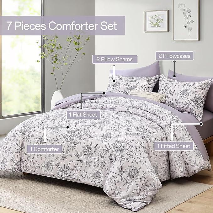 Yiran Botanical Floral Purple Comforter Queen 7 Piece Bed in a Bag Soft Microfiber Bedding Comforter Set for All Season (1 Comforter,2 Pillowcases,2 Pillow Shams,1 Flat Sheet,1 Fitted Sheet)