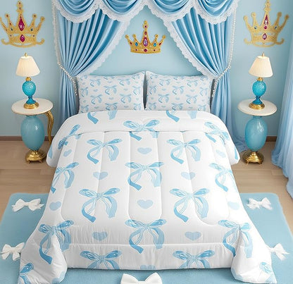 jejeloiu Cute Blue Bow Bedding Set Twin Size Ribbon Bow Comforter Set for Kids Women Cartoon Love Heart Duvet Set Blue White Quilt Set 2Pcs