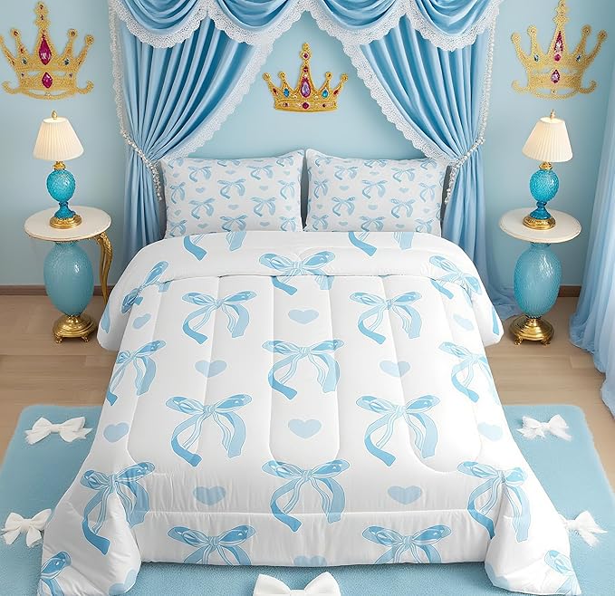 jejeloiu Cute Blue Bow Bedding Set Toddle Size Ribbon Bow Comforter Set for Kids Women Cartoon Love Heart Duvet Set Blue White Quilt Set 2Pcs