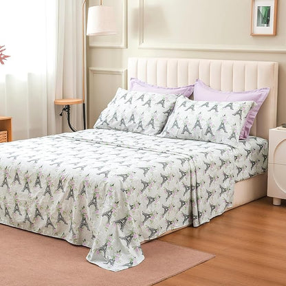 ARTALL King Bed in a Bag 7 Pieces, Light Purple Solid Comforter with Eiffel Tower Floral Sheet Set, French Chic Style Soft Bedding Sets with Comforter, Sheets, Pillowcases & Shams for All Seasons