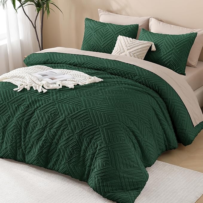 Andency Dark Emerald Green Oversized King Comforter 120"x120", 3 Pieces Super King Boho Bedding Set & Collections, Farmhouse Tufted Fluffy Bed Set (1 Comforter, 2 Pillowcases)
