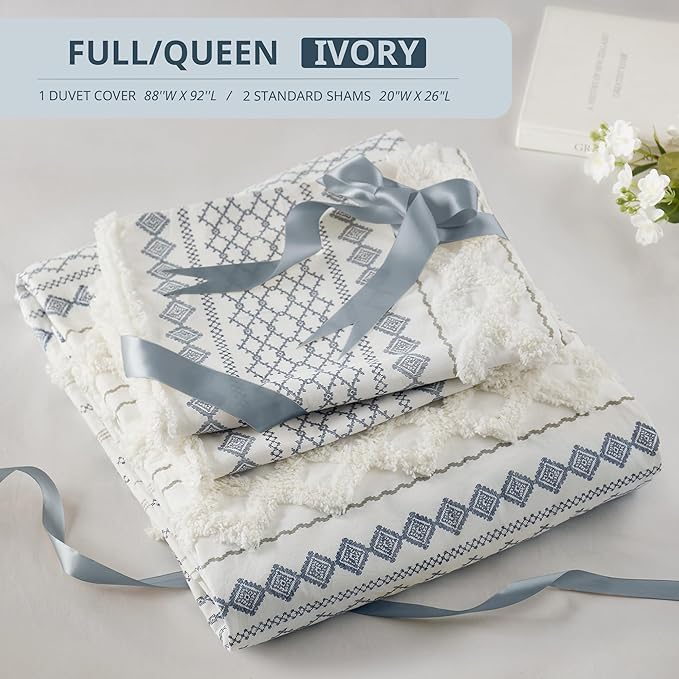 INK+IVY 100% Cotton Duvet Mid Century Modern Design, All Season Comforter Cover Bedding Set, Matching Shams, Full/Queen, Imani Chenille Navy