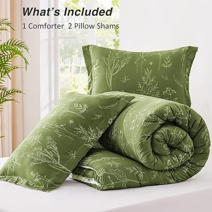 Love's cabin Olive Green King Comforter Set - King Size Comforter Set, 3 Pieces Cute Floral Bedding Sets for All Seasons,1 Soft Reversible Botanical Flowers Comforter and 2 Pillow Shams