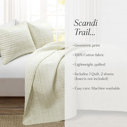 Lush Decor Hygge Geo Pattern Striped 3 Piece Quilt Bedding Set, Full/Queen, Ivory